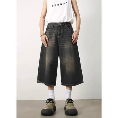 Men dark blue washed wide leg cropped denim shorts