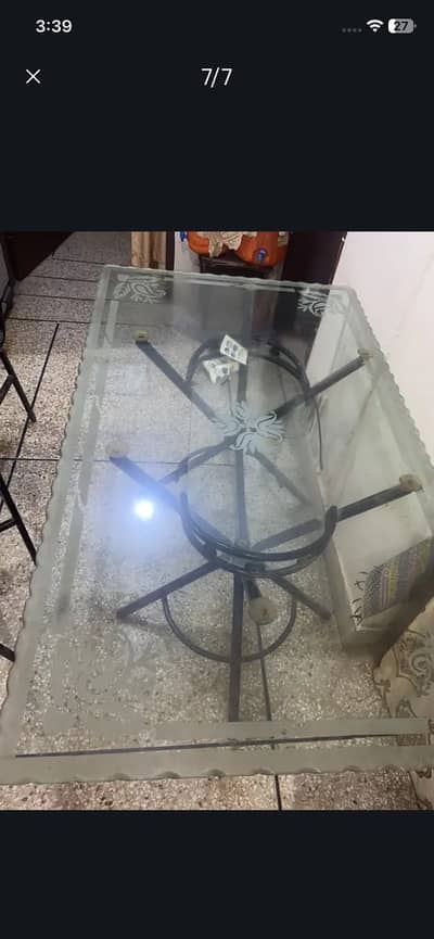 Glass Top Dining Table - 4 Seater - Iron Stand - For Sale