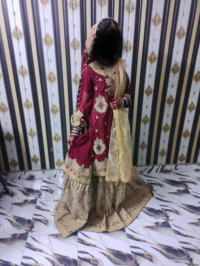 Bridal Farshi Sharara Mehroon and Fone Embroidery work