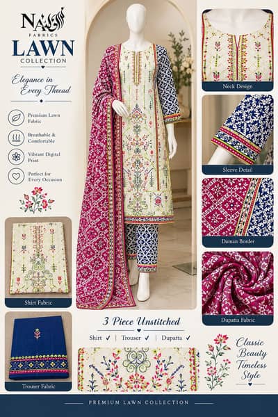 Embroidered three pcs suit noor-e-azal lawn