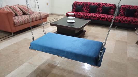 Wooden Indoor Swing Jhoola with Blue Cushioned Seat
