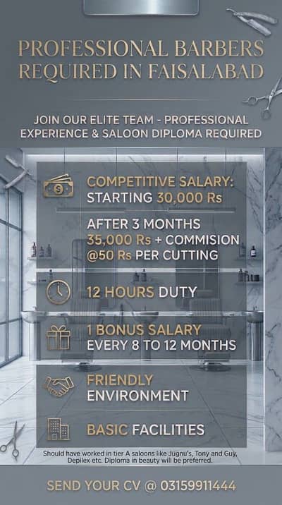 Professional Barber Required with Experience of Tier A Saloons