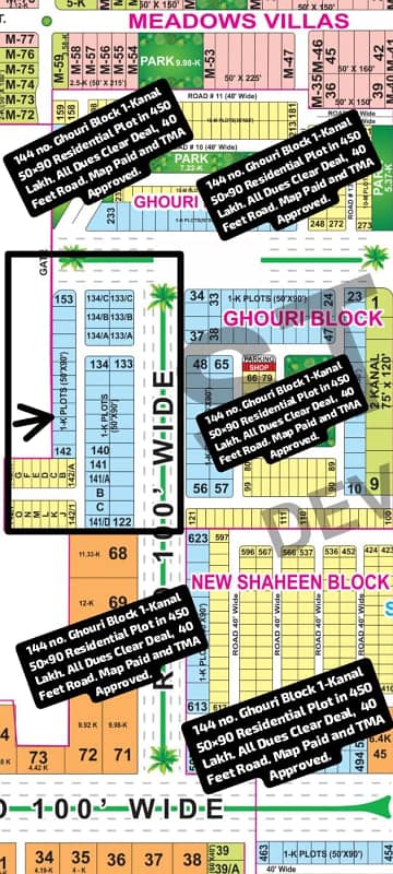 144 No. Ghouri Block 1-Kanal 50 By 90 Residential Plot In 450 Lakh. All Dues Clear Deal, 40 Feet Road. Best Location For Constructing Your Dream House In Bahria Town Lahore.