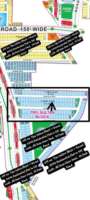 253 No. Tipu Sultan Block 20-Marla (50 By 90) Residential Plot In 305 Lakh. All Dues Clear Deal, 50 Feet Road. Corner Category, Best Location For Constructing Your Dream House In Bahria Town Lahore