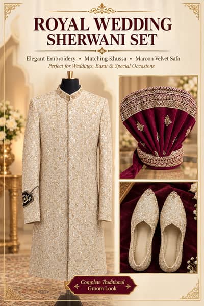 Royal Ivory Gold Embroidered Groom Sherwani Set with Khussa & Maroon S