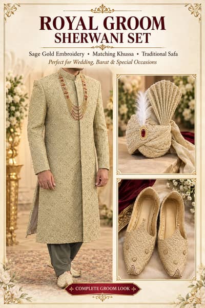 Luxury Sage Gold Embroidered Groom Sherwani Set with Khussa & Traditio