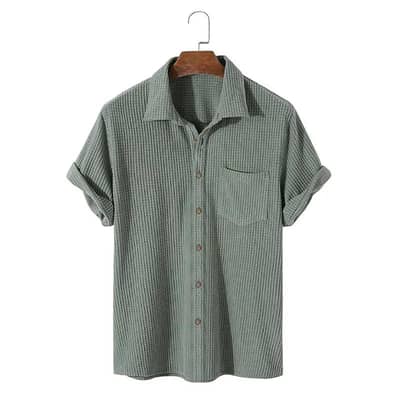 Men Waffle Lapel Shirt S-Green Summer
