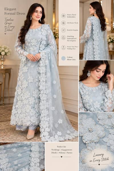 Ice Blue Floral Heavy Embroidered Formal Dress with Net Dupatta
