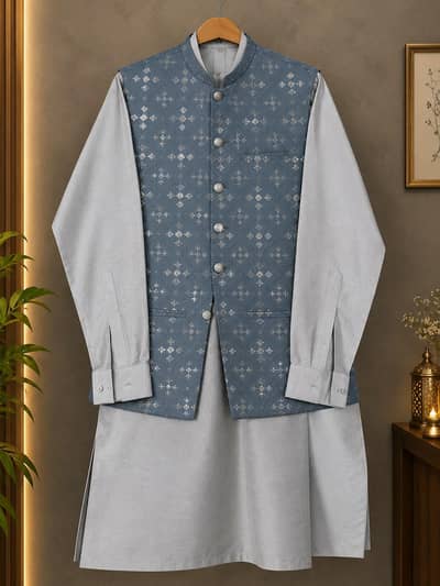 Men’s Shalwar Kameez with Embroidered Waistcoat | 03267874635