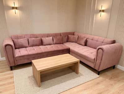 l shaped sofa set 6 seater , high chairs and 2 seater grey sofa