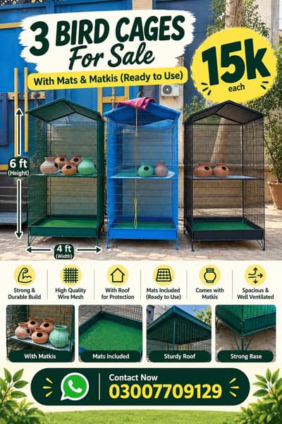 3 Large Bird Cages for Sale – Mats & Matkis Included