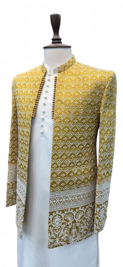 Yellow Embroidered Prince Coat For Mehndi Dulha Size M/L _New