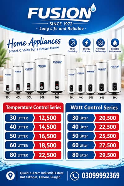 Fusion Water Geyser 30L–80L Temperature & Watt Control heater geyser