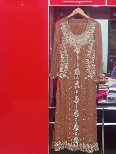 Embellished Brown Chiffon Party Wear Dress