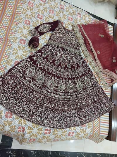 maroon velvet bridal lehnga