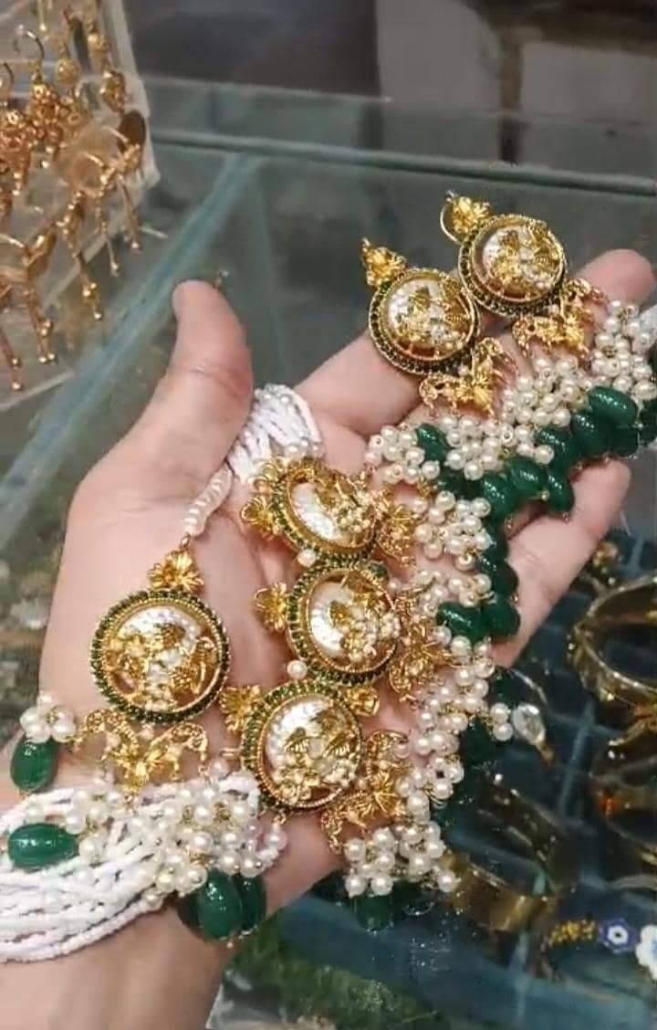 Beautiful Bridal Jewellery Set – Green & White Pearl Design Turkish ...
