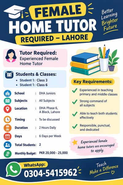 Female Home Tutor Required – DHA Phase 6 Lahore