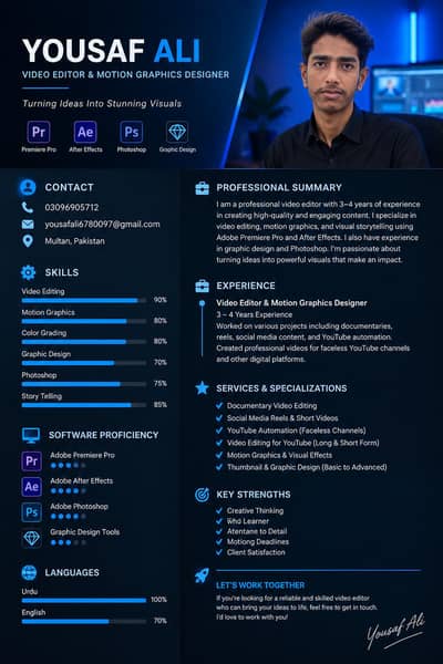 Video Editor, Graphic Designer, Photographer & Cameraman