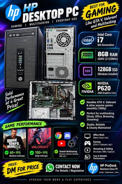 HP ProDesk Core i7 6th Gen Gaming PC | P620 2GB | 8GB RAM