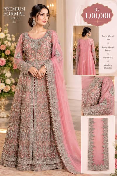 Bridal Formal Dress | Pink Silver Embroidered Maxi | Wedding Party Wea