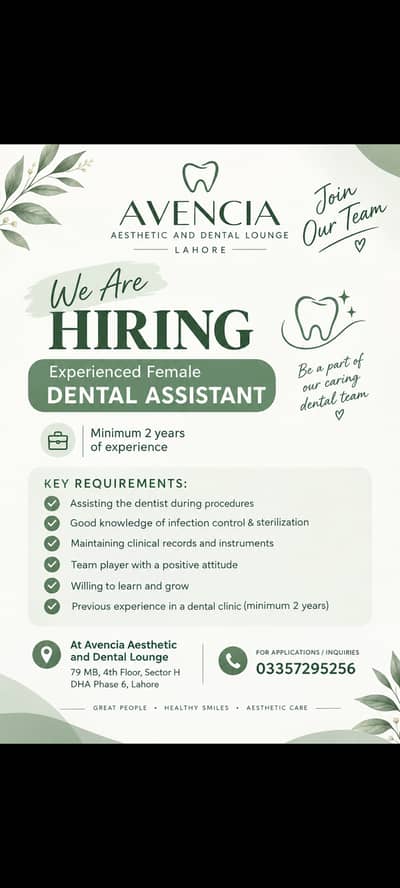 Hiring Experienced Female Dental Assistant