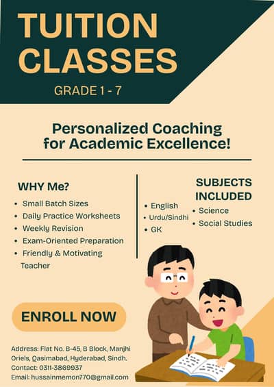 Home Tuition & Academic Coaching for Grades 1–7 in Qasimabad