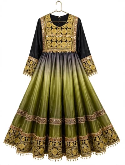 Black & Olive Green Embroidered Maxi Frock | Shahi Rakhhat