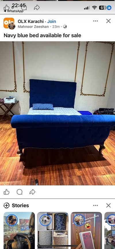 Velvet blue bed , bigger then single beds
