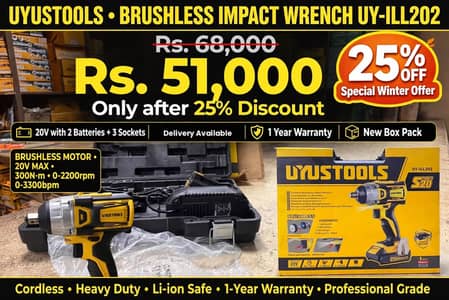 UYUSTOOLS Brushless Impact Wrench 20V - 2 Batteries, New Box Pack