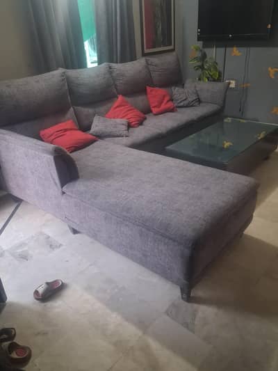 Premium 7-Seater L-Shape Sofa with Wooden Glass top table