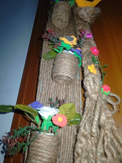 Handmade Jute Wall Hanging with Miniature Pots & Bird Nest