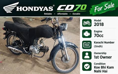 Hondyas CD 70 2018 Model – Karachi Number – First Owner