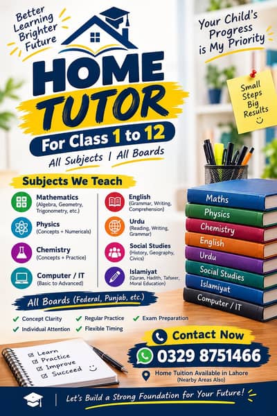 Home Tutor Available for Class 1 to 12 in Lahore