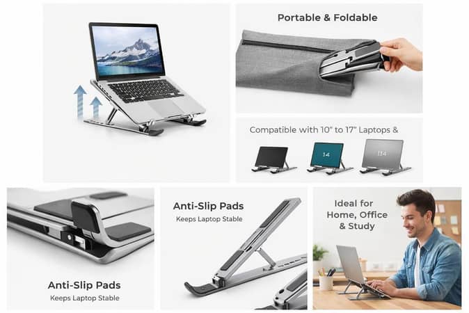 Adjustable Foldable Metal Laptop Stand | 7-Level Portable Anti-Slip Holder