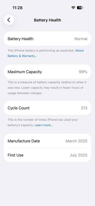 Apple iPhone 16 Pro 128  gb 99 battery health 213 cycle count sim time