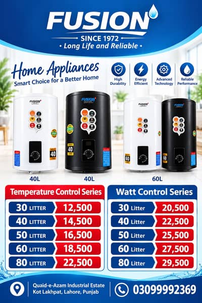 Water Geyser 30L–80L Temperature & Watt Control Fusion heater geyser