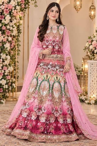 heavy pink bridal lehnga cholimirror and zari work
