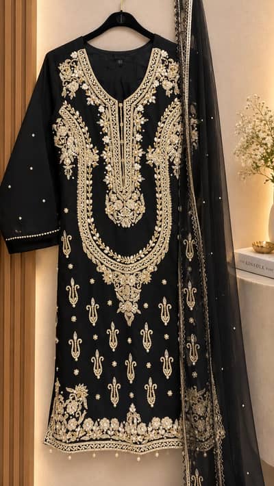 Jet Black 3 Piece Embroidered Net Suit for Women -medium