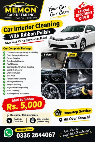 car interior cleaning with ribbon Polish available door step