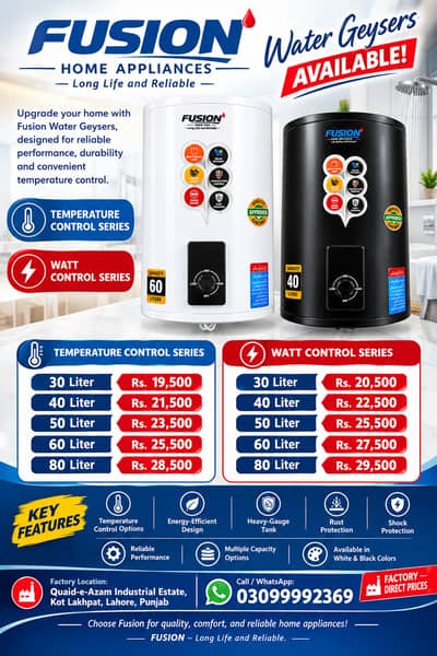 Water Geyser 30L–80L Temperature & Watt Control Fusion heater geyser