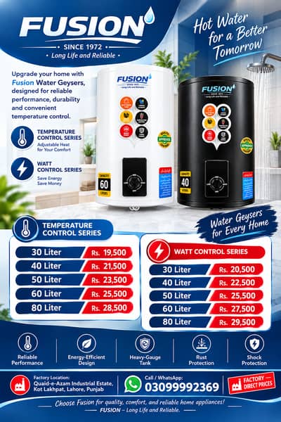 Water Geyser 30L–80L Temperature & Watt Control Fusion heater geyser
