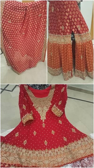 Red with peach Gharara with short frock