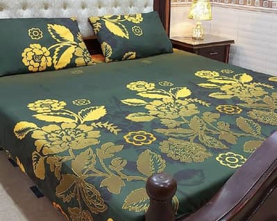 Cotton printed double bed sheet green yellow floral