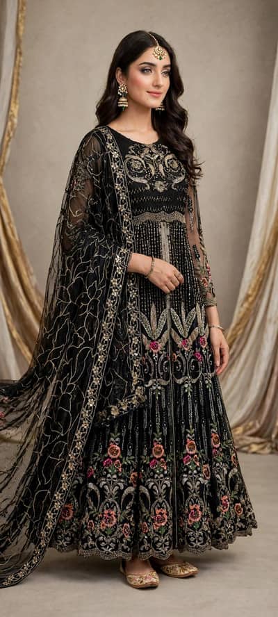 Designer Style Black Net/Chiffon Maxi Dress (Like New)