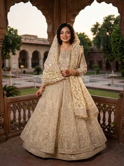 Ivory Gold Embroidered Maxi Frock with Lehenga-Style Flare
