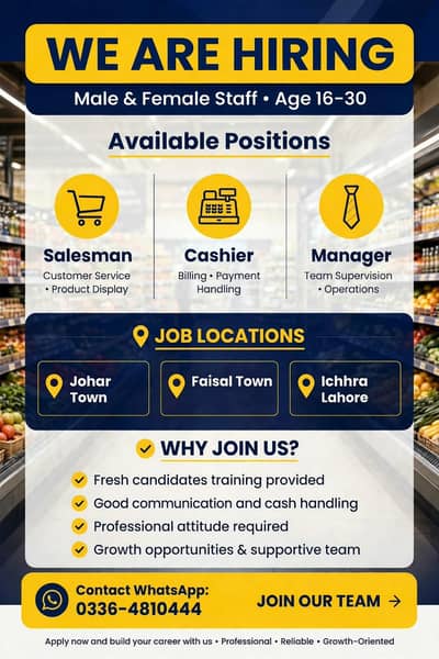 Salesman, Cashier | Manager, Receptionist | Male and females required