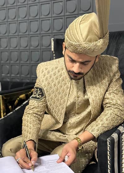 Men's 3-Piece Wedding Sherwani-Golden Beige Open Style double jacket