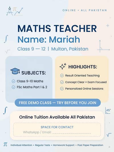 Online Maths Tutor Class 9-12 FSc & Matric- Female teacher _ demo free