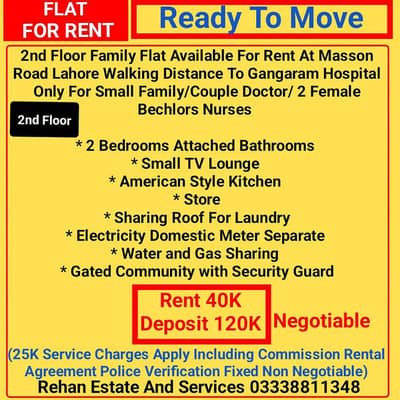 2nd Floor Family Flat For Rent Near Gangaram Hospital Lahore