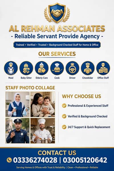 we provide All domestic staff with guarantee Al Rehman associates.